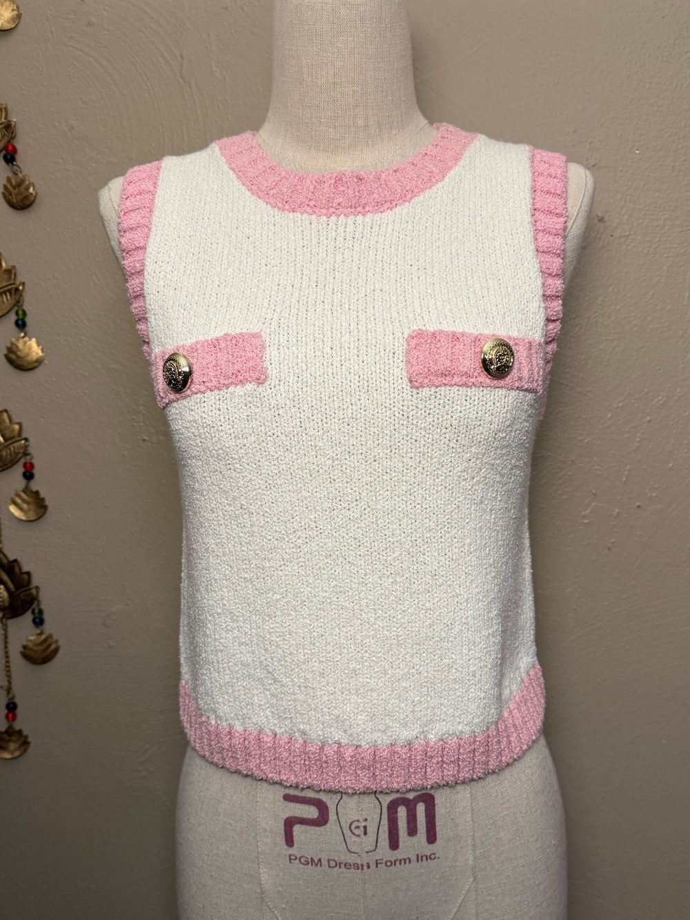Endless Rose Gold Button Pink White Knit Preppy Old Money Vest Top Size Small